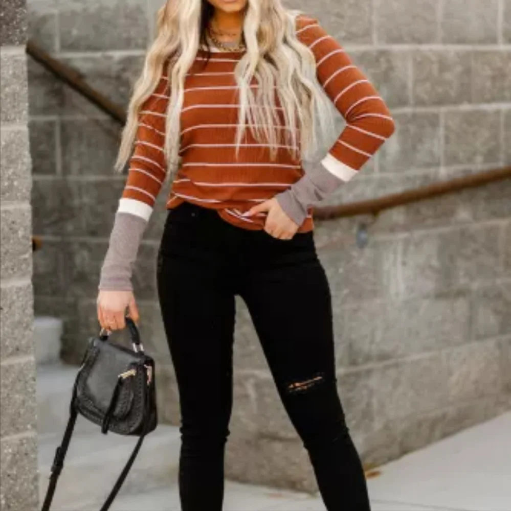 New Brown Extend Color Block Cuffs Rib Knit Striped Pullover - Picture 3 of 16